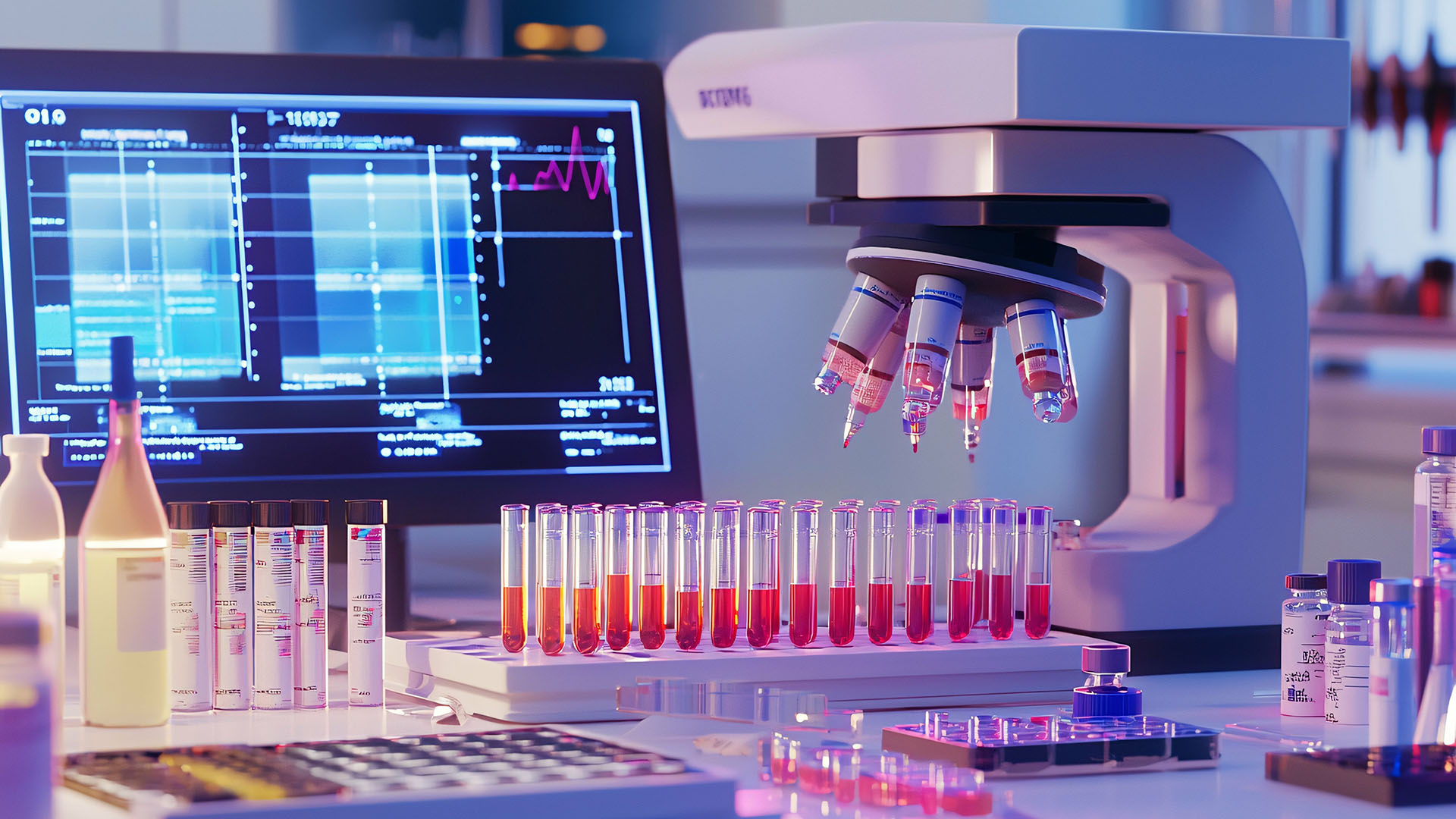 A laboratory scene showcases vials and charts analyzing estrogen levels, featuring advanced equipment that emphasizes scientific research in women's health and biology.